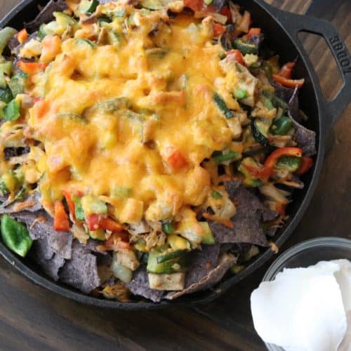 cast iron roasted vegetable and chicken nachos