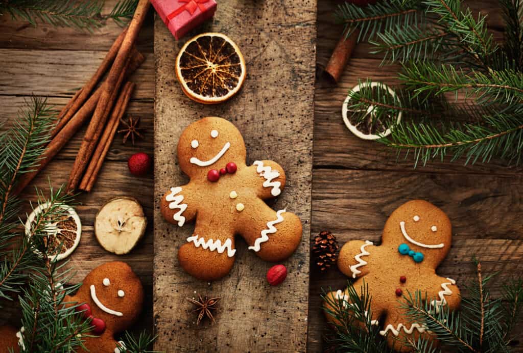 gluten free gingerbread cookies on wood background